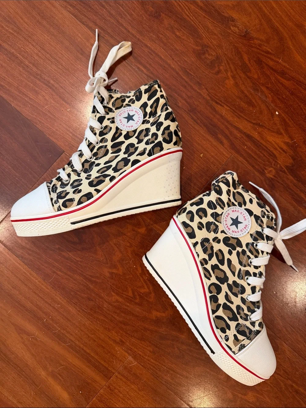 Leopard Print Platform High-Top Sneakers - Beige/Black- Size 38